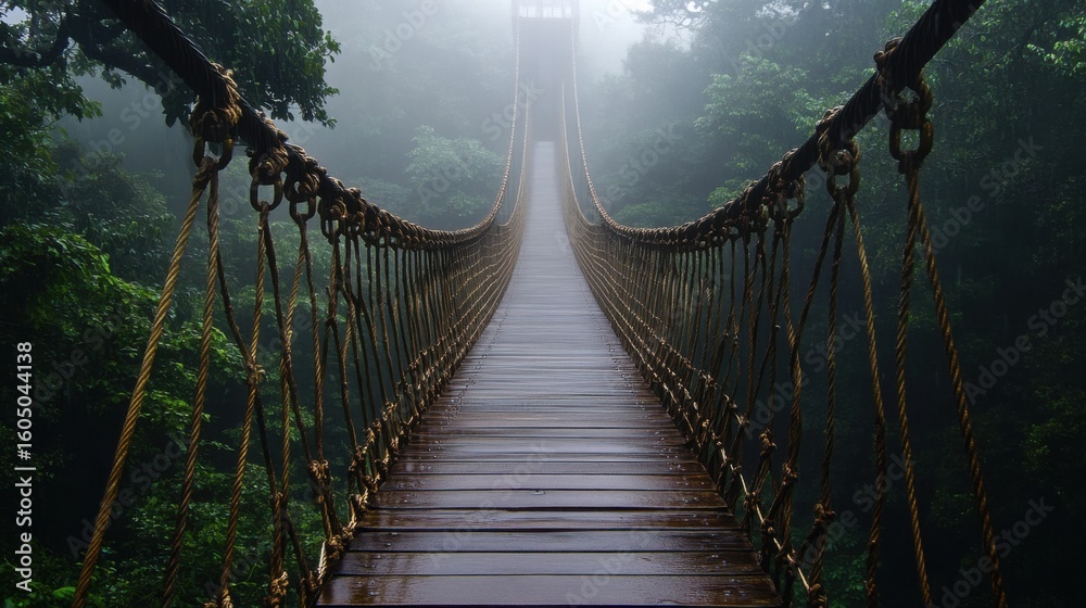 Obraz premium old suspension bridge on ropes in fog