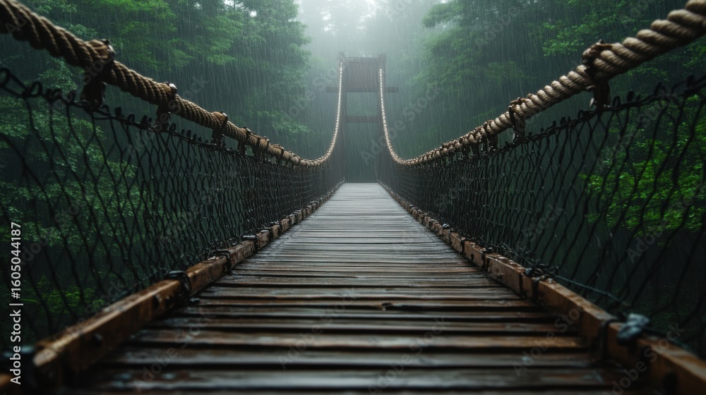 Obraz premium old suspension bridge on ropes in fog