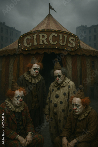 Four clowns with sad faces pose in front of an old circus tent, in a gloomy urban setting.