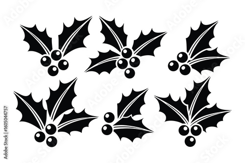 Six black silhouette holly leaf and berry icons mistletoe 1