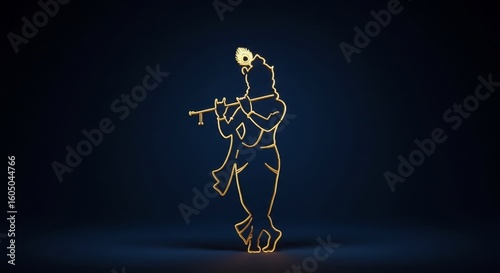 Golden Silhouette of Lord Krishna Playing the Flute, Hindu Deity, Minimalist Design, Blue Background