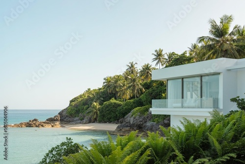 White villa overlooking tropical beach and turquoise ocean image