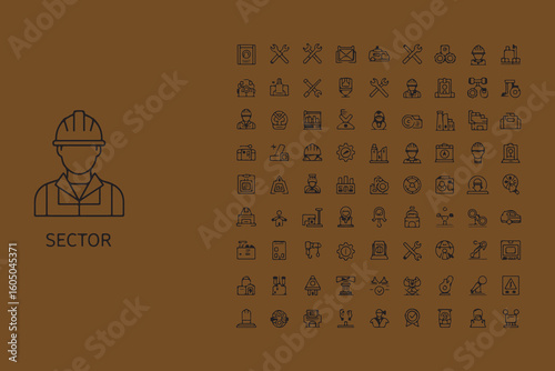 Construction worker silhouette with a grid of building and tool icons