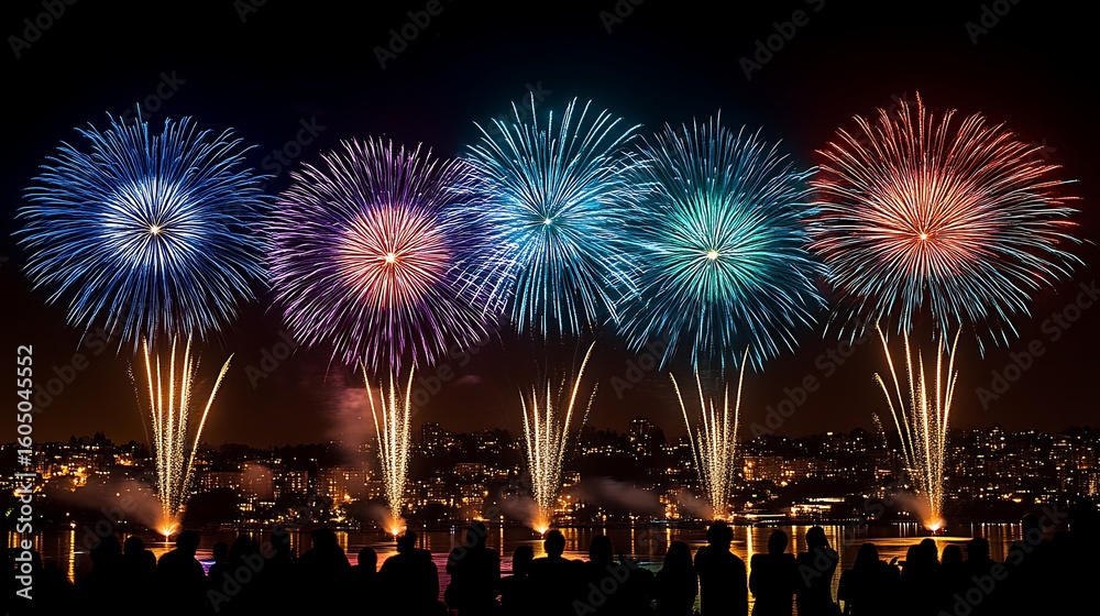 Obraz premium Fireworks display over city at night