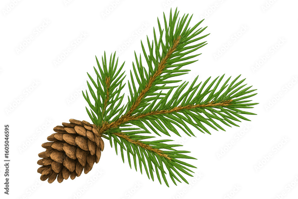 Fototapeta premium Photorealistic 3d fir branch with pine cone, transparently rendered, highlighting seasonal and natural design elements