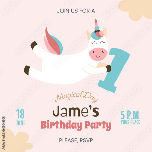 Unicorn Boy Birthday Invitation card. Baby Shower printable vector template with cute magical horse. Childish design 