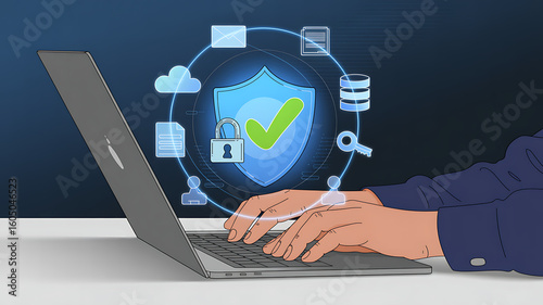 Secure cloud data on laptop for business success, featuring data protection and safety measures for modern technology and digital network security, with compliance