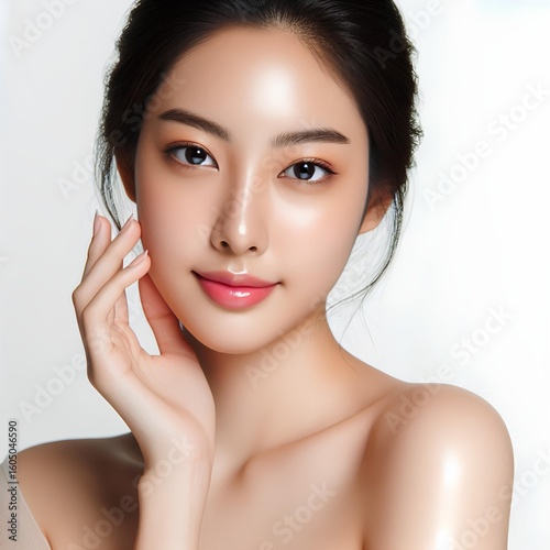  A beautiful young Asian woman with clean, fresh skin against a white background. Skincare, facial treatment, cosmetology, beauty, and spa. An elegant portrait of an Asian woman.