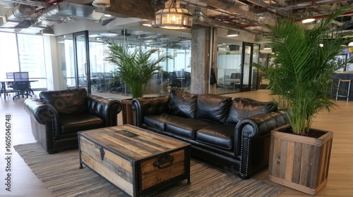 Black leather furniture and wooden planters in a modern office lounge.