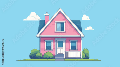 Simple Line Vector of Cute Pink House in Pixel Art Style