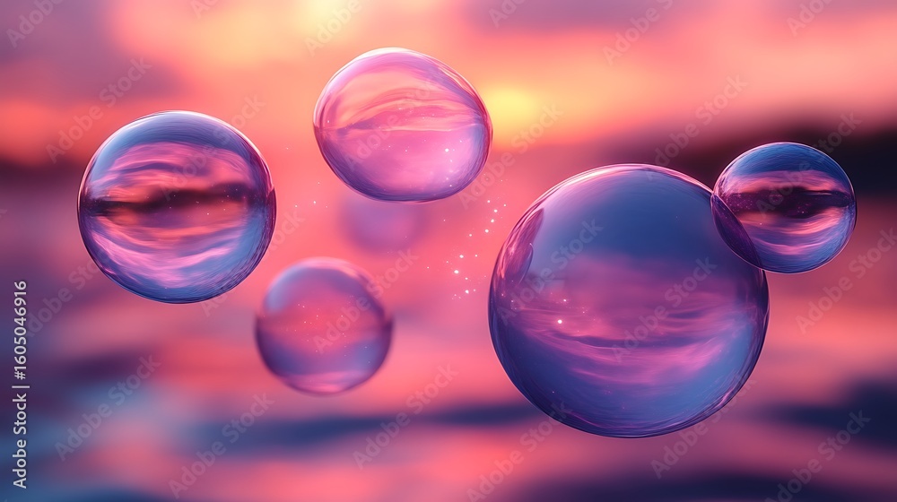Naklejka premium Floating spheres reflecting sunset colors
