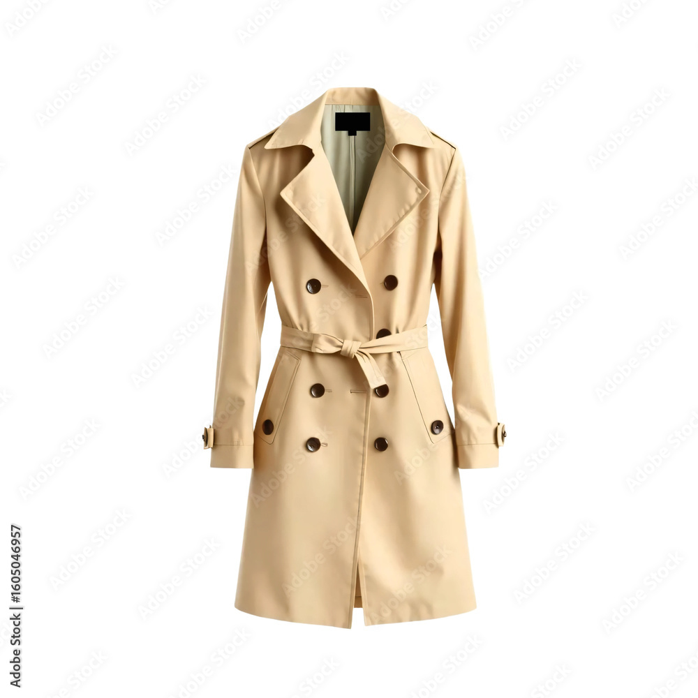 A plain beige trench coat isolated on transparent background A plain beige trench coat isolated on transparent background