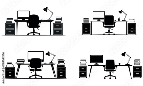 Office desk with computer chair and lamp workplace silhouette illustration
