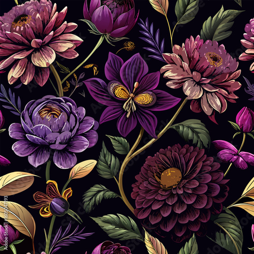 dramatic  moody seamless floral pattern vector illustration