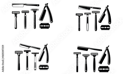 Barbershop razor and blade tools set for grooming illustration
