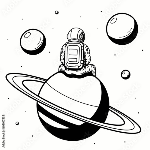 Lonely Astronaut Sitting on Saturn Ring – Black and White Line Art Illustration with Planets and Stars