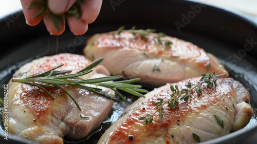 Roasted chicken breasts in a pan
