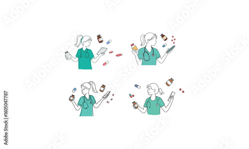 Female nurse with medicines and pills healthcare illustration
