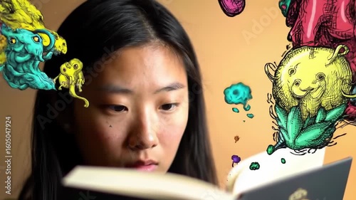 Young woman engrossed in reading with fantastical creatures surrounding her