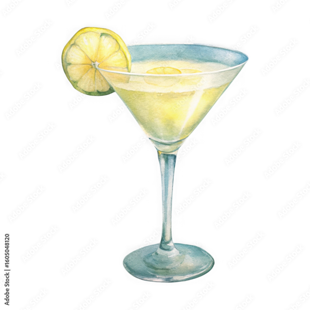 A Watercolor refreshing yellow cocktail in a martini glass garnished with a lemon slice isolated on transparent background A Watercolor refreshing yellow cocktail in a martini glass garnished with a lemon slice isolated on transparent background