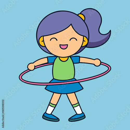Cartoon girl with purple ponytail spinning a pink hula hoop on a blue background vector