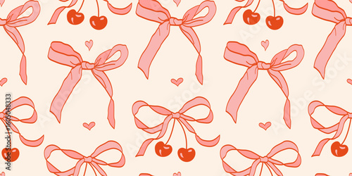 Seamless romantic vintage pattern with hand-drawn coquettish pink bows, red cherries, hearts on soft beige background. Ideal for wrapping paper, stationery, textiles, Valentine's decor, girly designs.
