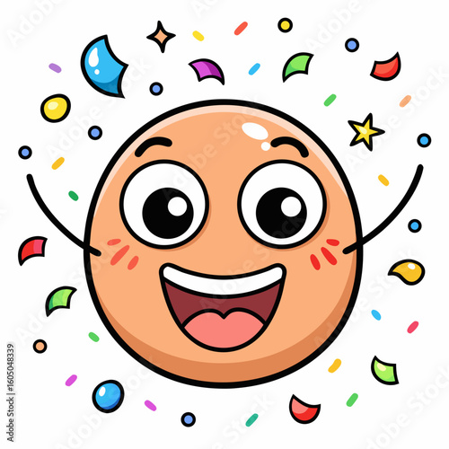 Cheerful cartoon face with confetti and stars happy illustration