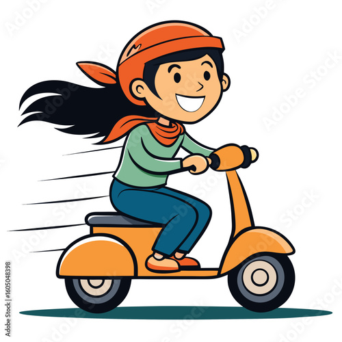Cheerful girl in orange helmet riding orange scooter with wind in hair vector