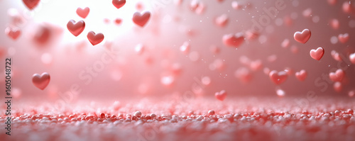 Floating pink hearts rise from glitter cube on romantic pink background for dreamy celebration concept design