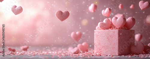 Glitter cube with floating pink hearts surrounded by sparkles on dreamy background for romantic celebration design