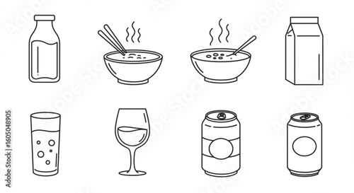 A line art illustration featuring various food and drink items: a milk bottle, noodle bowls, juice box, glass, wine glass, and cans.
