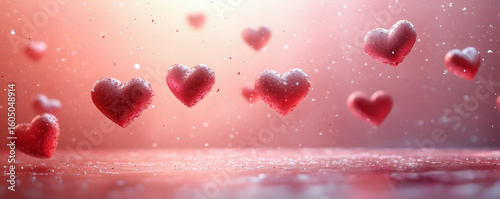 Red hearts rise from glittered floor into soft pink atmosphere of dreamy romantic valentine celebration
