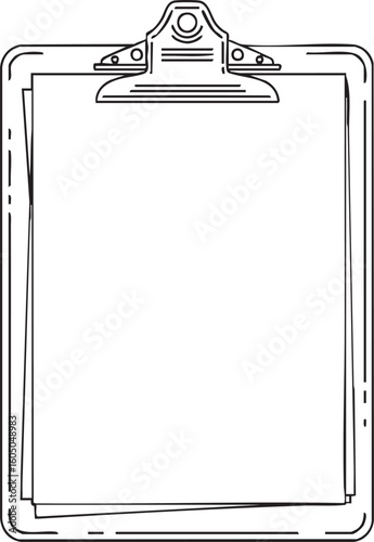 Clipboard with blank paper sheets, line art vector illustration