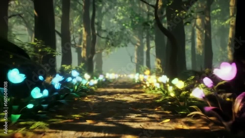Enchanting forest path with glowing flowers