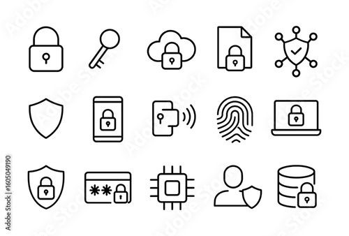 Security outline icon set with padlock, key, cloud, document, shield, fingerprint, database, user.