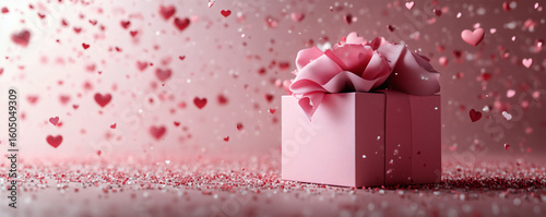 Pink ribbon gift box surrounded by hundreds of floating hearts on glitter ground in magical valentine celebration