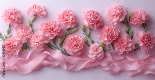 Pink carnations and satin ribbon on soft background in romantic floral arrangement with pastel elegance and charm