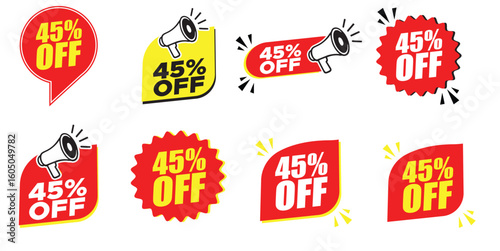 45% Off Sticker Set – 45% Off Discount Labels with Megaphone Icons for Promotions