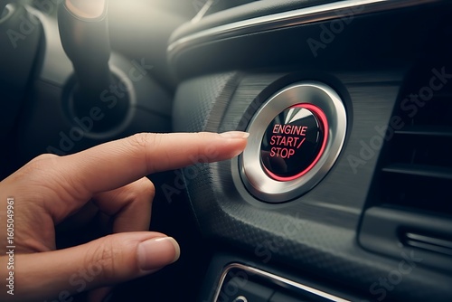 Close up of a human finger pressing the illuminated engine start stop button in a modern car interior with a focus on the ignition system