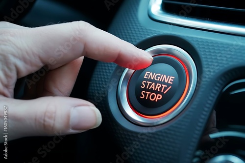 Close up of a person s finger pressing the illuminated engine start stop button in a modern car s dashboard interior