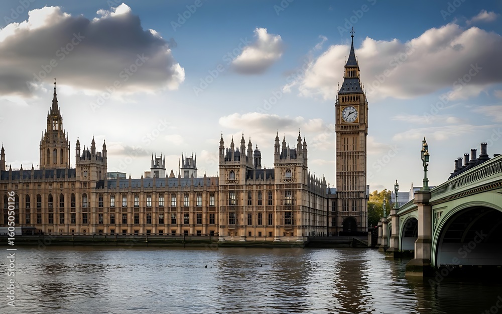 Naklejka premium Iconic view of the houses of parliament and big ben in london england with the river thames reflecting the dramatic cloudy sky above