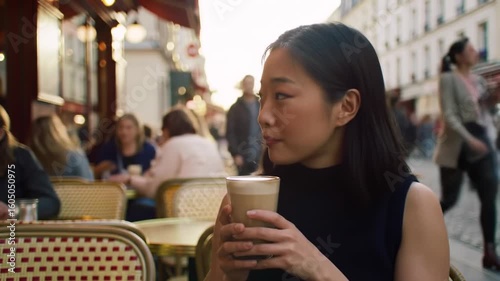Woman enjoying a latte in a Parisian cafe
