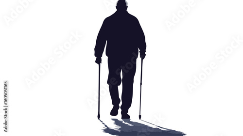 Elderly Person Walking with Cane Silhouette, Simple Line Art