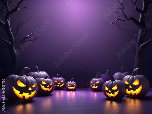 Halloween Pumpkins with Glowing Faces Under Spooky Purple Lighting Outdoors