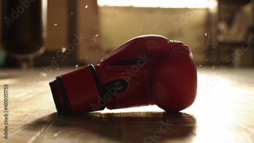 Red boxing glove on a wooden floor