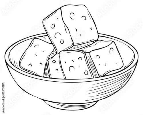 Line art illustration of cubed feta cheese or tofu in a bowl, a hand drawn sketch