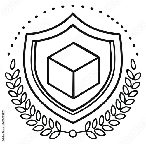 Secure Delivery Shield with 3D Cube Logo Surrounded by Laurel Wreath Protection Concept Symbol Guarantee Badge Outline Illustration