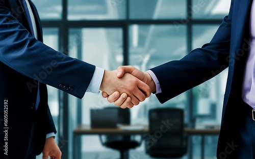 Professional business handshake closes deal in modern office setting, symbolizing trust and partnership
