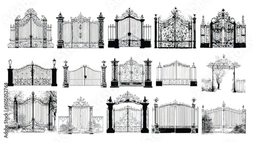 Assortment of Elegant Gate Designs Ironwork Collection Vintage Style Black and White Artistic Presentation Ornamental Structures Entrance Variety