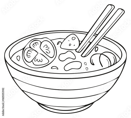 Illustration of Soup Bowl with Vegetables and Chopsticks in Outlines for Coloring Pages
